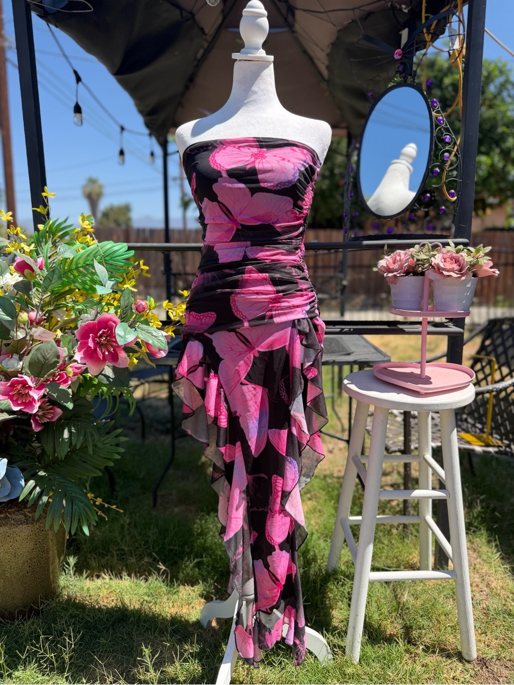 SHEIN Black Strapless Maxi Dress with Pink Floral Print